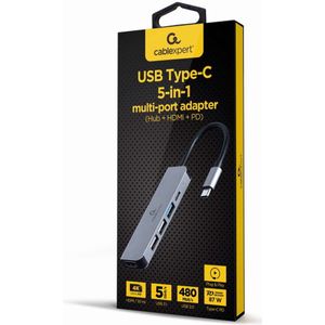 Gembird - Multi Port Adapter - USB Type C - Zilver - 5 Havens