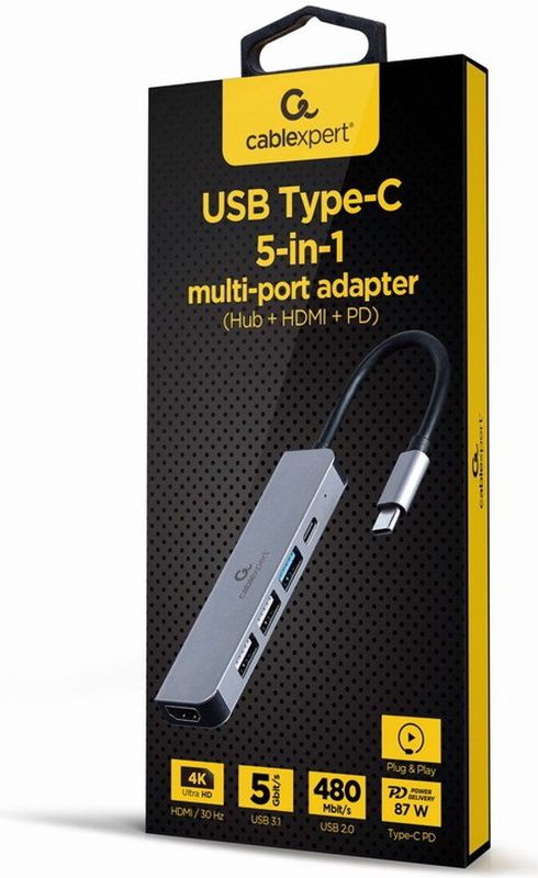 Gembird - Multi Port Adapter - USB Type C - Zilver - 5 Havens