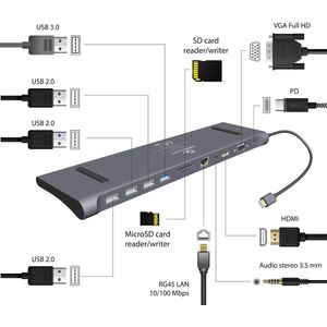USB-C Multi Adapter - 11-in-1 - 4K HDMI - Full HD VGA - Metalen Behuizing