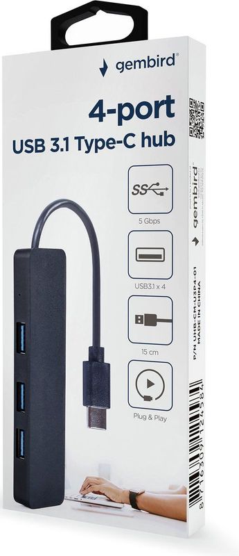 Gembird - 4-poorts USB 3.1 Gen 1 Type-C HUB - Zwart - USB-Hub