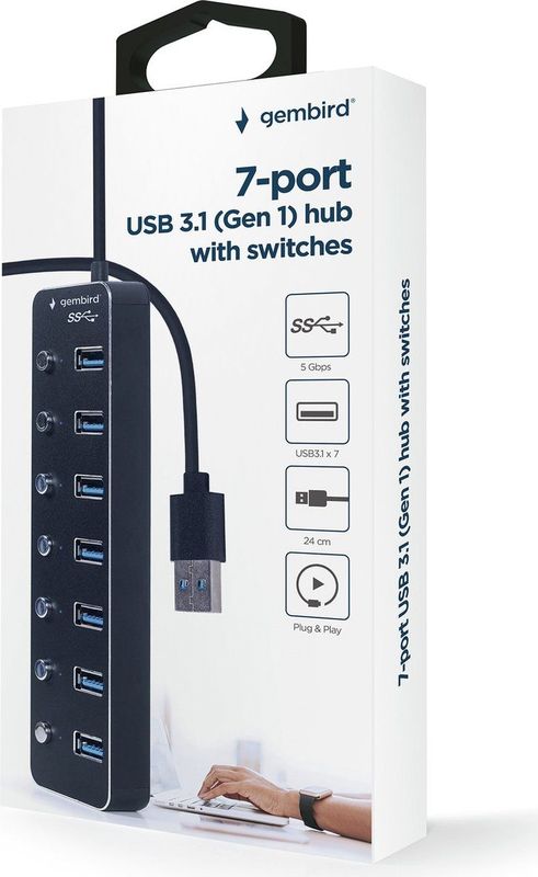 Gembird - 7-poorts USB 3.1 Gen 1 HUB - Zwart - USB-C - Docking Station