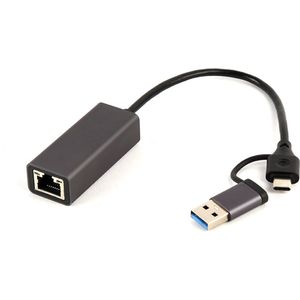 Gembird - USB-A/C 3.0 naar RJ45 - Netwerkadapter - Zwart - Metalen behuizing