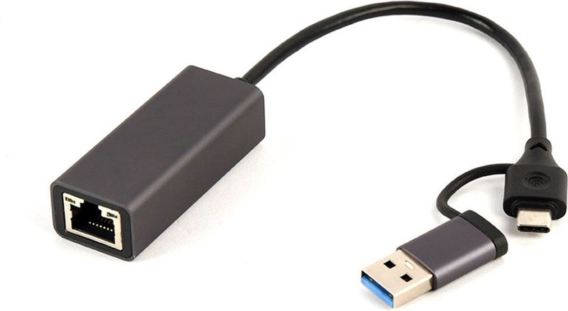 Gembird - USB-A/C 3.0 naar RJ45 - Netwerkadapter - Zwart - Metalen behuizing