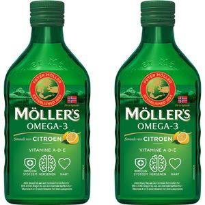 Möller’s Omega-3 Levertraan Citroen - 2 x 250ml - Omega-3 visolie – Levertraan vloeibaar – Levertraan met smaak van citroen