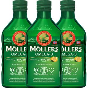 Möller’s Omega-3 Levertraan Citroen - 3 x 250ml - Omega-3 visolie – Levertraan vloeibaar – Levertraan met smaak van citroen