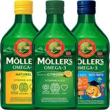 Möller's Omega-3 Levertraan Testpakket - 3 x 250ml - Citroen, Naturel, Tutti Frutti - Omega-3 visolie - Levertraan vloeibaar