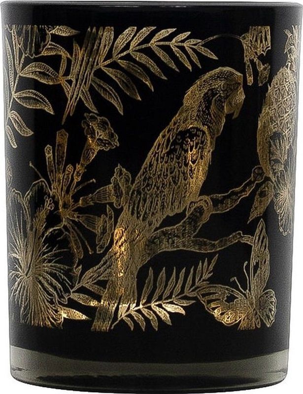 Theelichthouder/waxinelichthouder glas zwart 10 cm papegaai print - Windlichtjes/kaarsenhouders