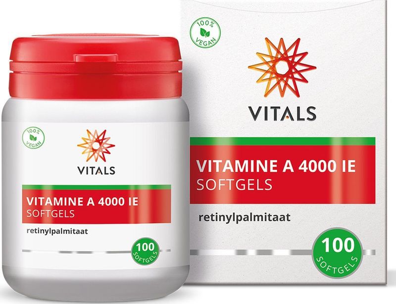 Vitals Vitamine A 4000 IE - 100 softgels. Hoge dosering vitamine A in de vorm van retinylpalmitaat.