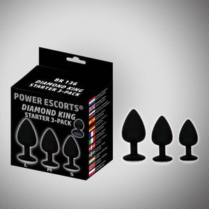Buttplug Set 3 delig - Anal Plug Set voor Mannen en Vrouwen - Power escorts - Diamond King plug - anaal starter 3-pack  - Zwarte met zwarte steen - BR136