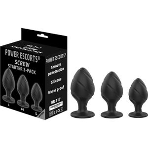 Power Escorts - Screw Plug Anal Starter 3-Pack  - S, M & L - Zwart - kwaliteits Silicone - geen goedkoop tpe materiaal - stoere Cadeau box - BR217 - ideaal om te geven of te ontvangen