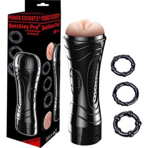 Power Escorts - Quickies Pro  - stevige vibrerende Masturbator - Extra Inclusief 3-pack beaded cockringen  - 7-speed vibrerend - 24 CM - Zwart - met beige sappige vagina - cadeauverpakking