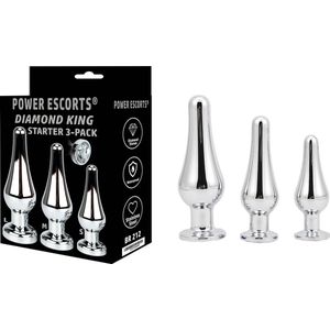 Power Escorts - Diamond King Starter Anaal Plug set 3-Pack - S, M & L - mega formaat 12,5 cm / 11 cm / 9,5 cm - White Stone - Anaal Butt Plug Set -  gave Cadeau Box - BR212
