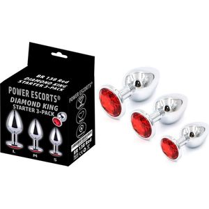 Power escorts - Metalen Buttplug set - Rode steen -  Anal plug Starter set - 3 Pack  - BR138 - Small - Medium - Large Anaal plug set - gave Cadeaubox