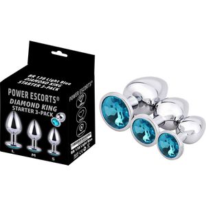 Power escorts 3 Pack Metalen Buttplug set - Licht Blauwe steen - Anal plug Starter set - BR138 - Small - Medium - Large Anaal plug set