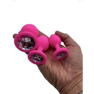 Power Escorts Silicone Roze Anaal Plug 3 Pack Set met Transparante Steen