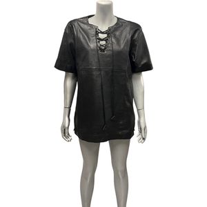 Fashion World - Zwarte Leren Shirt V-hals Met Touwtjes - Maat XL