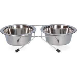 Excellent Voer- en Drinkbak op standaard - 2 bakken - RVS - Ø 13 cm - 350 ml - Zilver