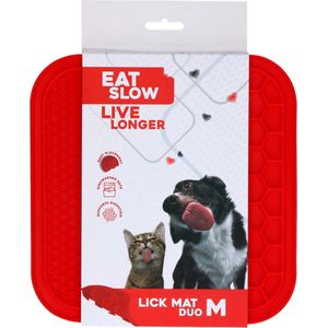 Eat Slow Live Longer Duo Likmat - 21 x 21 cm - Vierkant - Snuffelmat - Anti-schrok Mat - Slowfeeder Honden en Katten - 100% Siliconen - Vaatwasserbestendig - Maat M - Voerpuzzel Kat - Rood