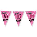Vlaggenlijn Sweet 16 - Vlaggetjes - Verjaardag - 16 jaar - Versiering - Decoratie - Meisjes - Folie - roze - zilver