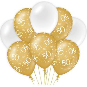 PD-Party 50 Jaar Goud/Wit Ballonnen - 8 stuks - 30cm - Versiering/feestartikelen