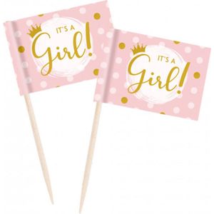 Paperdreams Prikkers - It's a girl 6,5x3cm roze Hout Paperdreams Cocktailprikker