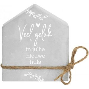 Creaties van Hier - Huisje Veel geluk in jullie nieuwe huis met houten hartje - 7x4x8 cm - Cement - Nieuwe woning