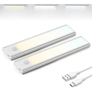 Brendz LED Kastverlichting met bewegingssensor, 2 x 20 cm, USB-C Oplaadbaar, Dimbaar, Magnetisch, 3 Kleurtemperaturen, Draadloos, Keukenverlichting Led, Kastverlichting op Batterij, Zilver