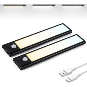 Brendz LED Kastverlichting met bewegingssensor, 2 x 20 cm, USB-C Oplaadbaar, Dimbaar, Magnetisch, 3 Kleurtemperaturen, Draadloos, Keukenverlichting Led, Kastverlichting op Batterij, Zwart