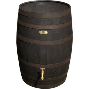 Regenton 190l. ""Black Edition"", gat regenpijp, messing logo en kraan, zwart gelakt