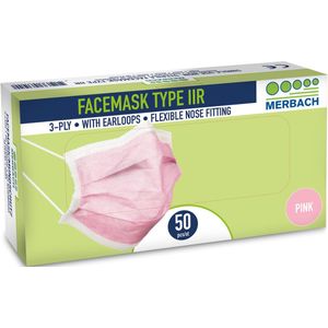 Voordeelverpakking 4 X Merbach mondmasker roze 3-lgs IIR oorlus 50 stuks
