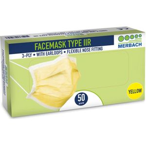 Merbach mondmasker geel 3-lgs IIR oorlus- 20 x 50 stuks voordeelverpakking