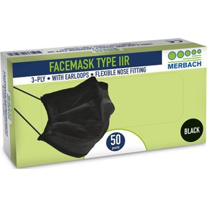 Voordeelverpakking 3 X Merbach mondmasker zwart 3-lgs IIR oorlus 50 stuks