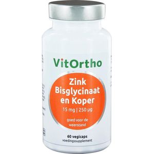 Vitortho Zink bisglycinaat 15mg en koper 250mcg 60 Vegetarische capsules