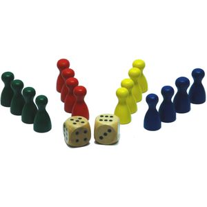 HOT Games Pionnen Set Ludo 4x4 - Houten pionnen voor Halma, Keezen en Ludo - 16 pionnen + 2 dobbelstenen - Geschikt voor alle leeftijden