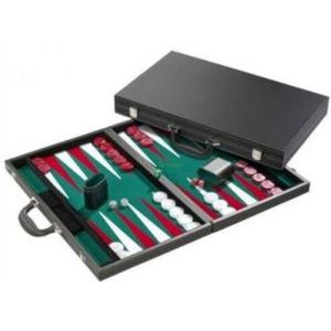 Backgammon Deluxe - Zwarte Kunstlederen Koffer - Groen Velours - Maat 46 x 30 cm - Geschikt voor 2 spelers