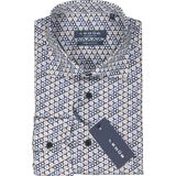 Ledub modern fit overhemd - popeline - wit met blauw en beige dessin - Strijkvriendelijk - Boordmaat: 43