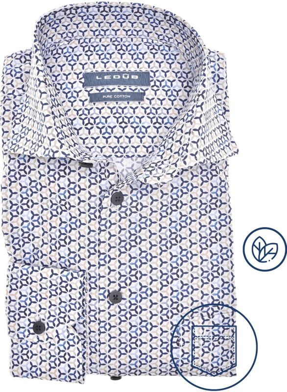 Ledub modern fit overhemd - popeline - wit met blauw en beige dessin - Strijkvriendelijk - Boordmaat: 43