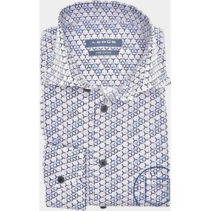 Ledub - Modern Fit Overhemd - Popeline - Wit met Blauw en Beige Dessin - Strijkvriendelijk
