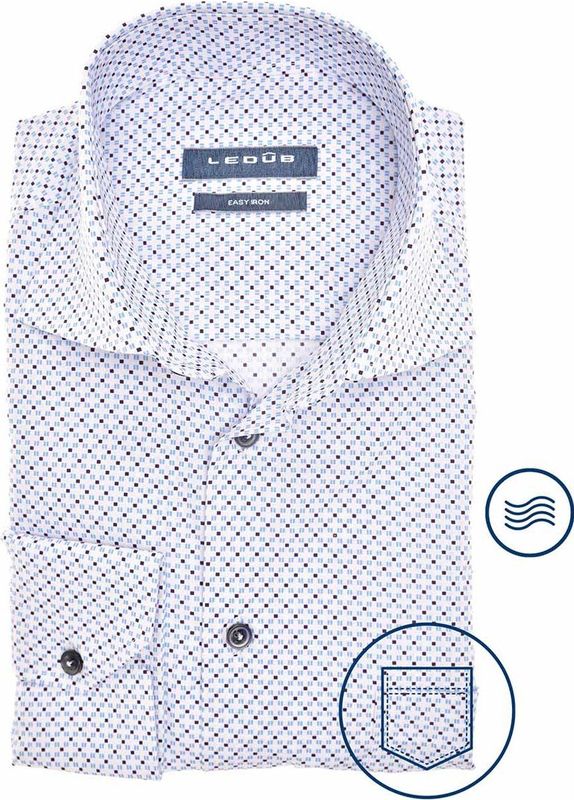 Ledub - Modern Fit - Overhemd - Wit met Blauw Dessin - Strijkvriendelijk