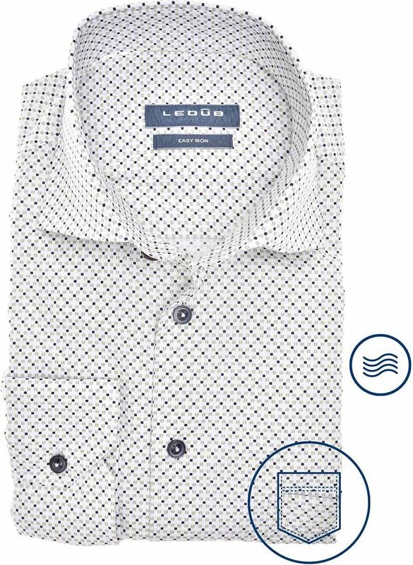 Ledub - Modern Fit - Overhemd - Wit met Groen en Donkerblauw Dessin - Strijkvriendelijk