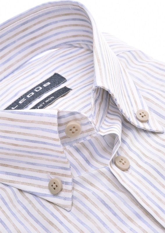 Ledub - Overhemd - Korte Mouw - Blauw-Beige Gestreept - Katoen