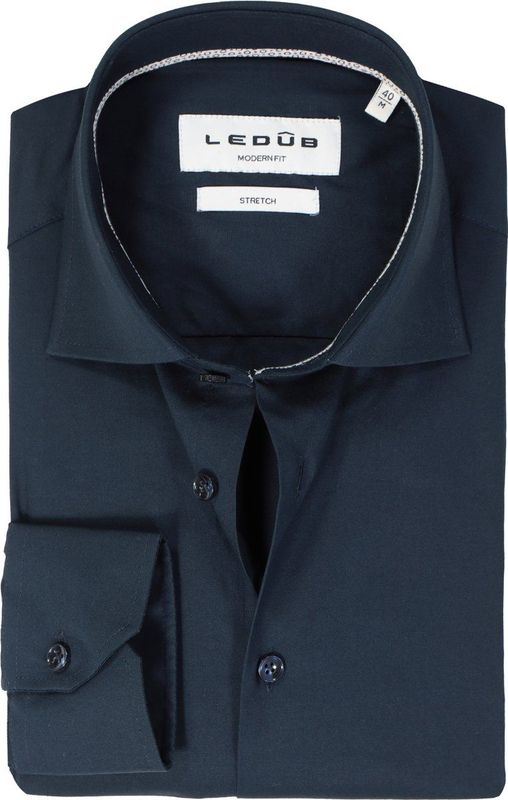 Ledub - Modern Fit Overhemd - Donkerblauw - Popeline - Strijkvriendelijk