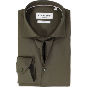 Ledub - Modern Fit Overhemd - Donker Olijfgroen - Popeline - Strijkvriendelijk