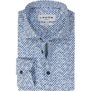 Ledub modern fit overhemd - popeline - blauw met wit en beige dessin - Strijkvriendelijk - Boordmaat: 44