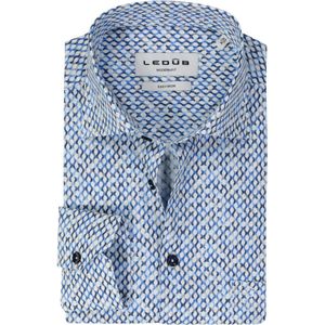 Ledub - Modern Fit - Overhemd - Blauw met Wit en Beige Dessin - Strijkvriendelijk