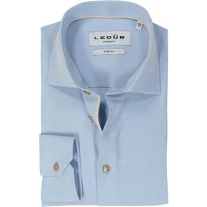 Ledub - Blauw Effen Overhemd - Katoen/Polyester/Elastaan - Haifisch Kraag - Lange Mouwen