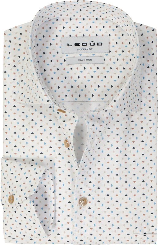 Ledub - Modern Fit - Overhemd - Wit met Blauw en Beige Dessin - Strijkvriendelijk