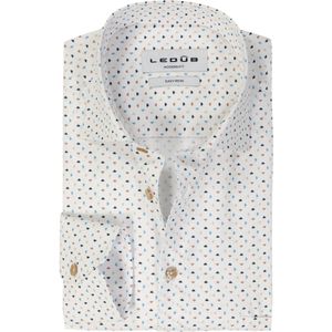 Ledub - Modern Fit - Overhemd - Wit met Blauw en Beige Dessin - Strijkvriendelijk