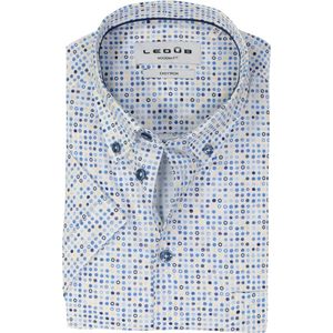 Ledub - Modern Fit - Overhemd - Wit met Blauw en Geel Dessin - Korte Mouw - Strijkvriendelijk