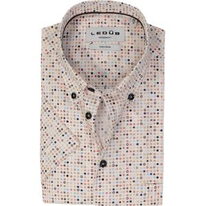 Ledub - Modern Fit - Overhemd - Wit met Bruin en Blauw Dessin - Korte Mouw - Strijkvriendelijk